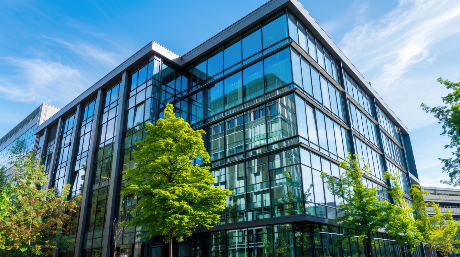 Modernes Bürogebäude mit Glasfassade und blauem Himmel